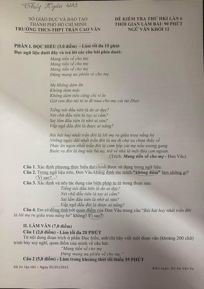 Thích thú khi Đen Vâu &quot;Mang tiền về cho mẹ&quot; vào đề thi - Ảnh 1.