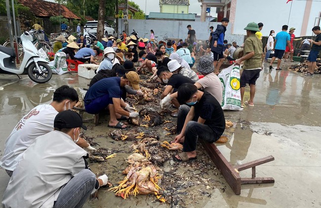 Cả trang trại gà chết sạch trong nước lũ, dân làng hò nhau giúp chủ trại sơ chế để vớt lại chút vốn - Ảnh 3.