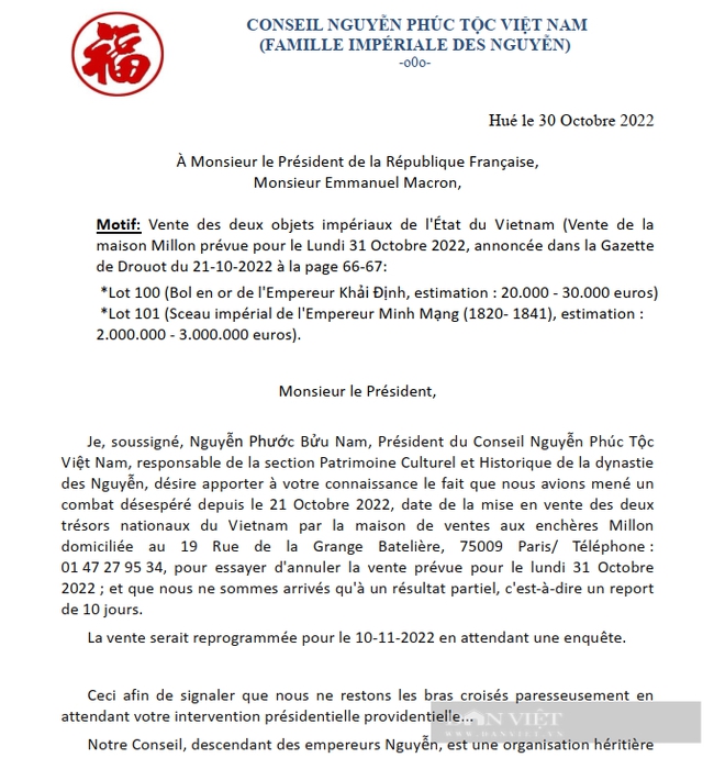 Nguyễn Phúc tộc Việt Nam đề nghị Tổng thống Pháp can thiệp hủy cuộc đấu giá kim ấn triều Nguyễn  - Ảnh 1.