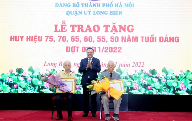 Chủ tịch Hà Nội Trần Sỹ Thanh trao Huy hiệu Đảng tại quận Long Biên - Ảnh 1.