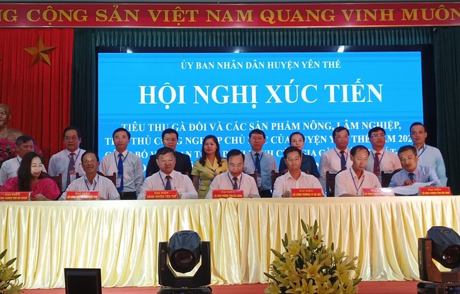 UBND huyện Yên Thế ký kết hợp tác tiêu thụ nông sản chủ lực của huyện với Sở Công thương các tỉnh Hà Nam; Hải Dương, Lạng Sơn, Thái Nguyên, Hòa Bình và ký kết hợp tác tiêu thụ giữa HTX sản xuất nông sản với một số doanh nghiệp. (Ảnh: Kim Duyên).