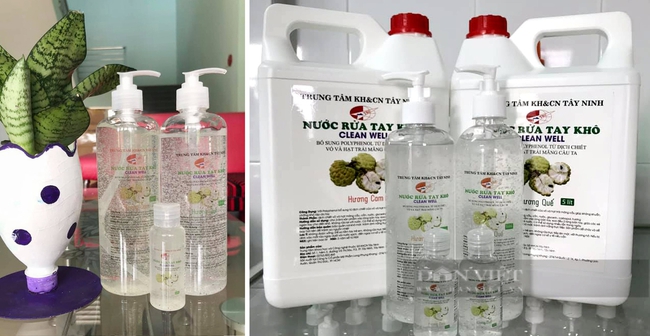 Sản phẩm nước rửa tay sát khuẩn bổ sung polyphenol từ phụ phẩm mãng cầu của Trung tâm Khoa học và công nghệ Tây Ninh. Ảnh: Nguyễn Vy