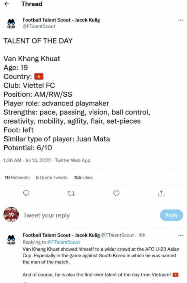 U19 Vietnam captain honored by famous football Twitter - Photo 2.