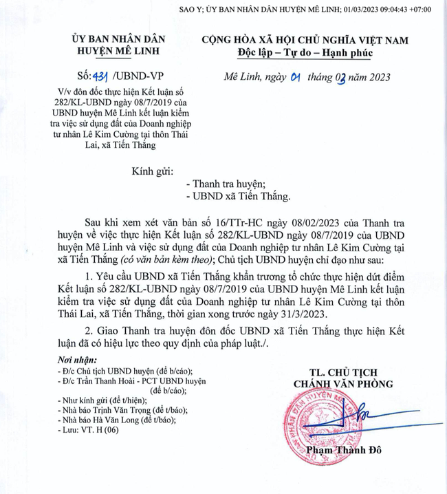 Chủ tịch huyện Mê Linh chỉ đạo xử lý kết luận vi phạm sử dụng đất tại xã Tiến Thắng - Ảnh 1.