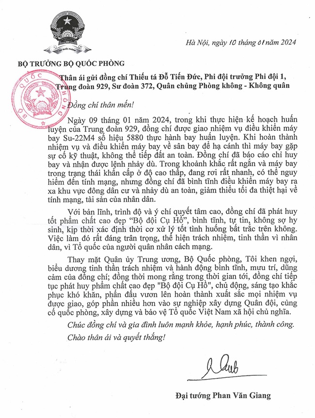 Đại tướng Phan Văn Giang gửi thư khen phi công lái Su-22 ở Quảng Nam- Ảnh 1.