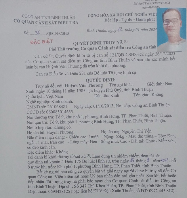Công an Bình Thuận ra quyết định truy nã đặc biệt một đối tượng chiếm đoạt tài sản- Ảnh 2.
