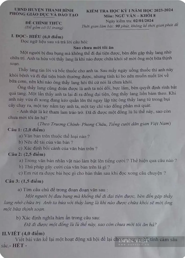 Đề thi Văn lớp 8 cuối kỳ 1 ở Đồng Tháp khiến nhiều người "choáng váng" vì độ phản cảm- Ảnh 1.