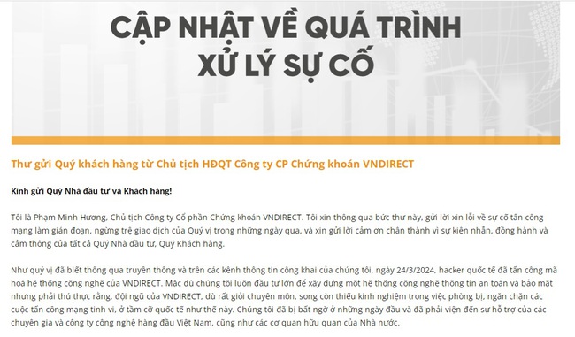 Bà Phạm Minh Hương gửi tâm thư xin lỗi nhà đầu tư sau vụ hệ thống VNDirect bị hacker tấn công - Ảnh 2.