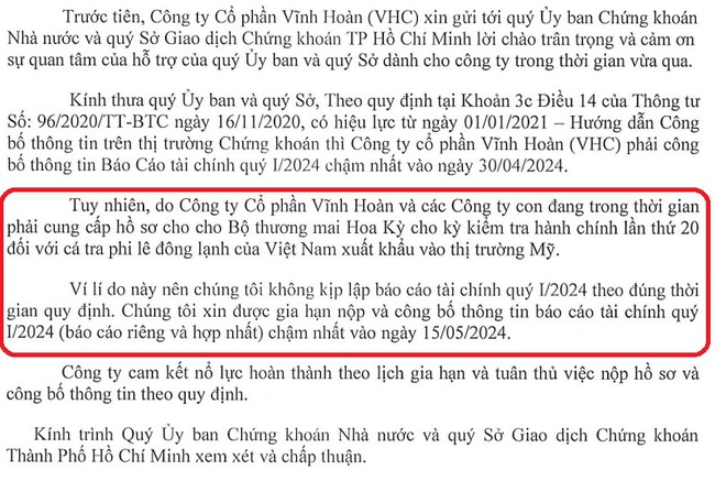Vĩnh Hoàn (VHC) bị HoSE nhắc nhở về việc chậm công bố báo cáo tài chính quý I/2024- Ảnh 1.