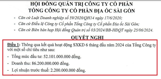 Địa ốc Sài Gòn (SGR) báo lãi đạt 2,2 tỷ đồng trong 6 tháng đầu năm 2024- Ảnh 1.
