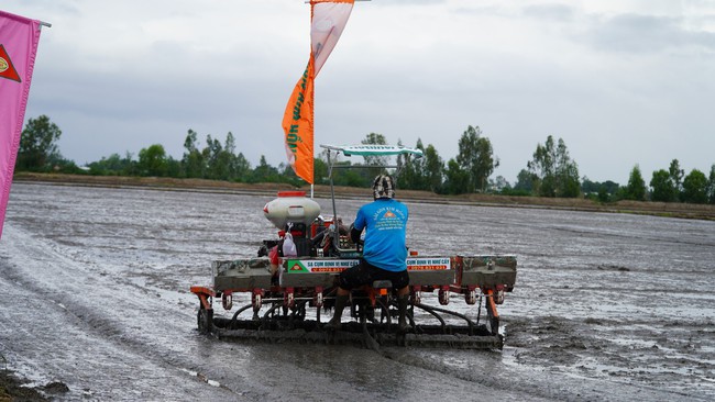 Nông dân thích thú xem các cỗ máy đa năng "biểu diễn" sạ lúa trên đồng ruộng ở Kiên Giang- Ảnh 2.