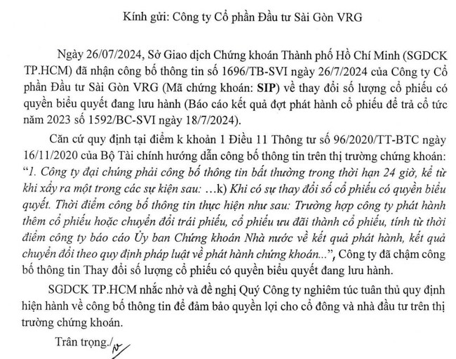 Đầu tư Sài Gòn VRG (SIP) bị nhắc nhở về việc chậm công bố thông tin - Ảnh 1.