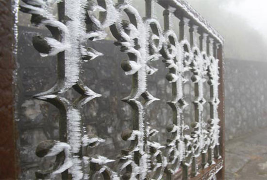 Ngay cả cánh cổng sắt cũng bám đầy băng tuyết.