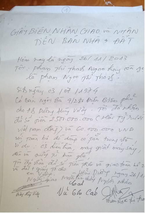 Giấy biên nhận giao bán đất do chị N viết khẳng định đã nhận 2,5 tỷ và bàn giao giấy tờ và nhà đất.