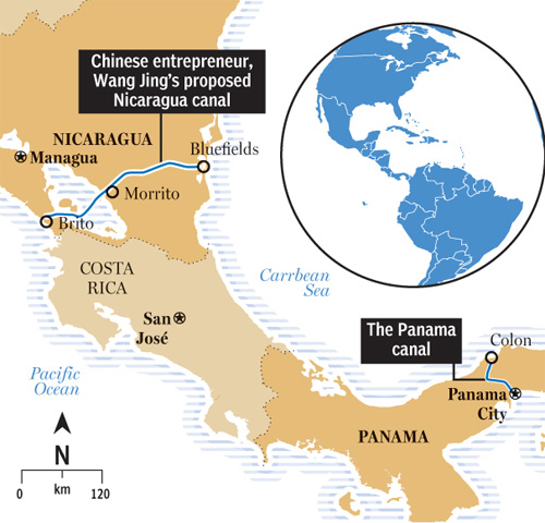 Bản đồ cho thấy tuyến kênh dự kiến được xây dựng xuyên qua Nicaragua (đường màu xanh góc trái) và kênh đào Panama (đường màu xanh góc phải). Đồ họa: Telegraph