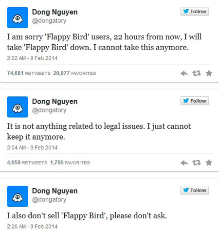 Những dòng tweet chia sẻ về việc gỡ bỏ game Flappy Bird của Nguyễn Hà Đông.