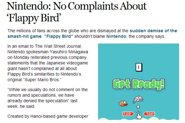 Nintendo cho biết hãng không phàn nàn gì về Flappy Bird (Nguồn: WSJ)