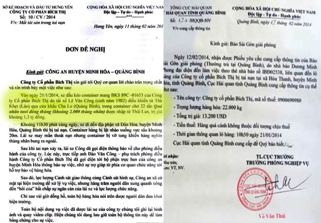 Giá trị lô hàng Cty cổ phần Bích Thị trình báo với Công an huyện Minh Hóa bị mất là khoảng 1,3 tỷ đồng (trái), nhưng Cục Hải quan Quảng Bình cho biết lô hàng đó trị giá 13.200 USD (khoảng 280 triệu đồng). Nguồn: GiadinhNet