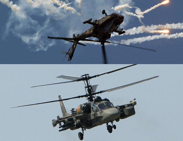 AH-64 Apache (ở trên) có thiết kế tiêu chuẩn dành cho trực thăng, trong khi Ka-50/52 (ở dưới) có thiết kế rotor đồng trục.