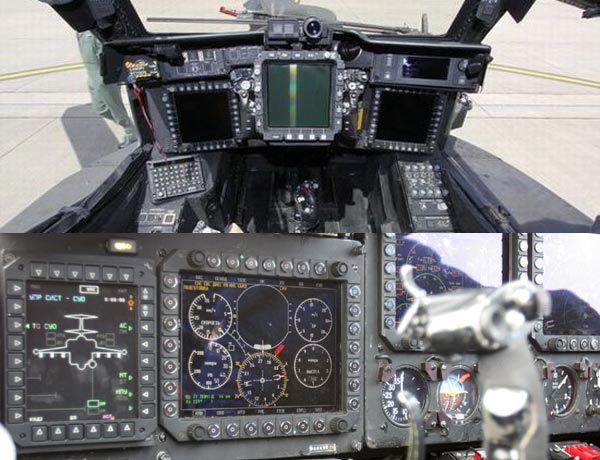 Một phần buồng lái của AH-64 (ở trên) và Ka-50/52 (ở dưới). Cả hai loại trực thăng này đều được trang bị hệ thống điện tử hàng không số hóa nhưng AH-64 có lợi thế hơn về hệ thống tìm kiếm và chỉ thị mục tiêu.
