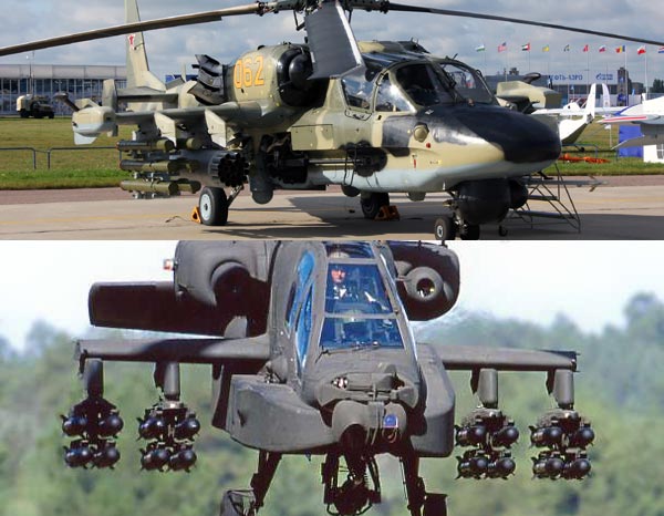Ka-50/52 (ở trên) có lợi thế hơn AH-64 (ở dưới) về tải trọng vũ khí.