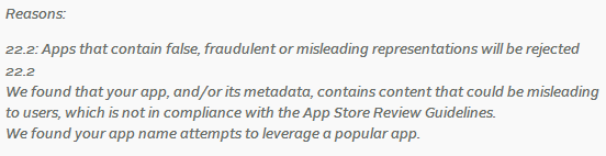Thông báo từ chối nhận ứng dụng từ App Store.