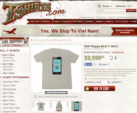 Mẫu RIP Flappy Bird được T-Shirts.com rao bán với giá gần 10 ngàn USD.