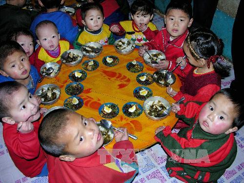 Các em bé Triều Tiên ăn trưa tại nhà trẻ ở huyện Yomju, tỉnh Bắc Pyongan. Ảnh minh họa. (Nguồn: AFP/TTXVN)