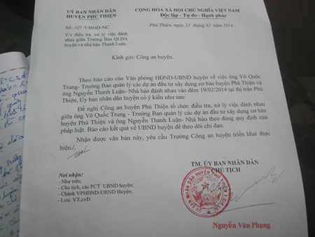 Công văn của lãnh đạo huyện Phú Thiện yêu cầu công an điều tra sự việc