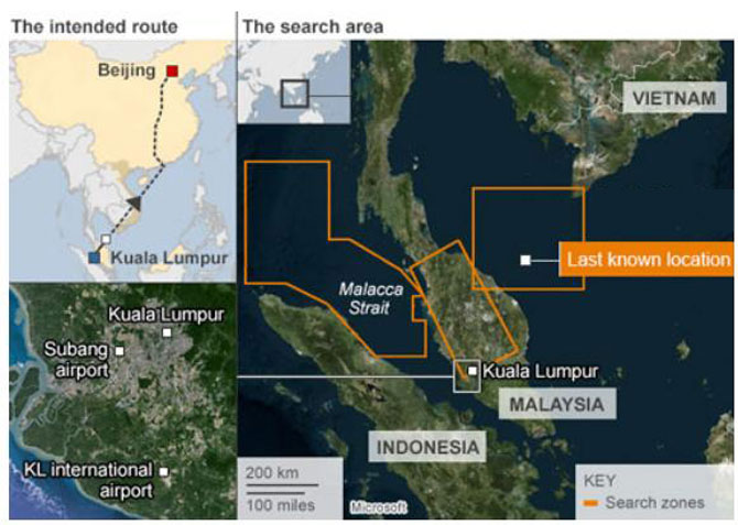 Eo Malacca ở bờ tây của Malaysia được cho là vị trí cuối cùng của máy bay mất tích. (Ảnh: Themalaysianinsider).