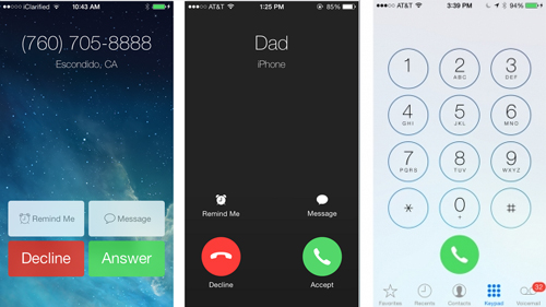 Các phím số, nút trả lời và từ chối cuộc gọi hiện có hình tròn trên iOS 7.1 thay vì khung chữ nhật như trên iOS 7 (ảnh trái).