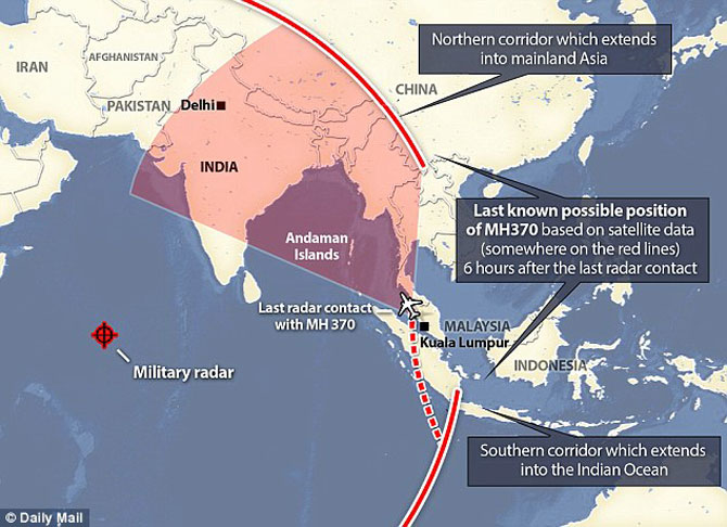 Vùng khả năng máy bay MH370 đi qua. Ảnh: Daily Mail