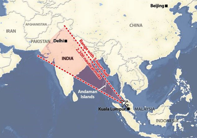 Vùng được cho là máy bay MH 370 có thể bay qua.