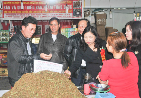 Khách tham quan gian hàng thảo dược của tỉnh Thái Nguyên. 