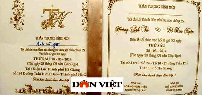 Thiệp mời đám cưới con trai Giám đốc Sở điện lực tỉnh Hà Giang, ghi rõ nơi tổ chức tiệc cưới tại Điện lực Thành phố Hà Giang.