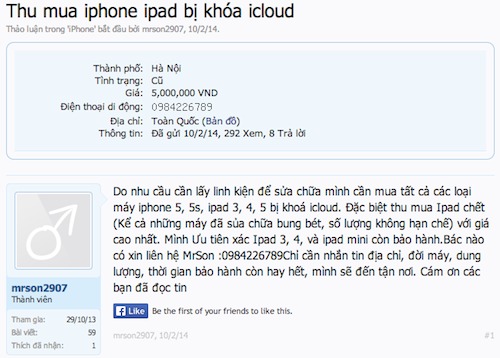 iPhone, iPad bị khóa iCloud được nhiều cửa hàng thu mua lấy linh kiện. Ảnh chụp màn hình.