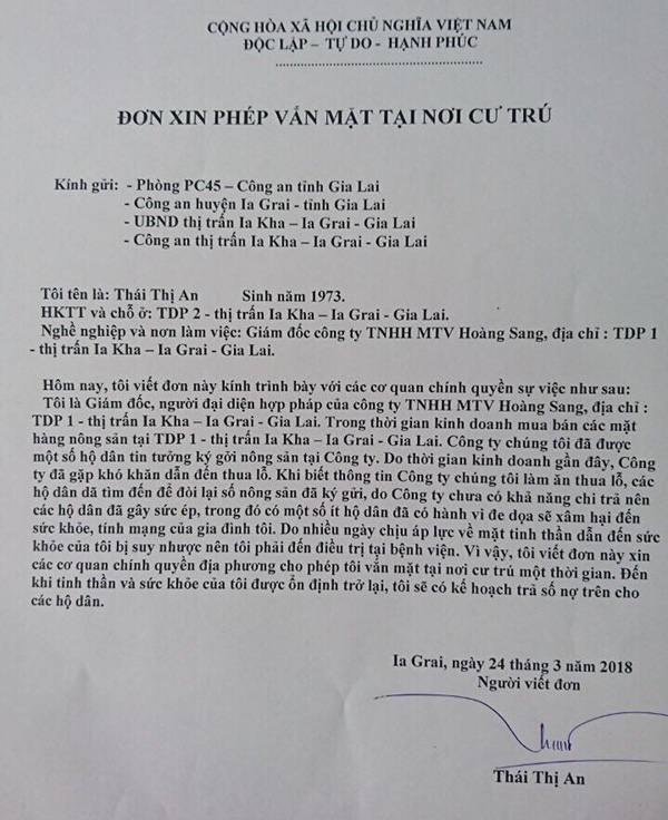 Vụ Công Ty Hoàng Sang Vỡ Nợ: Có Đơn Xin Vắng Mặt Đứng Tên Giám Đốc