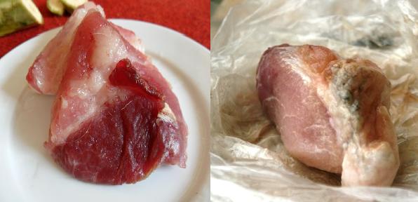 Cùng là miếng thịt lợn, nhưng lần này được để lâu hơn so với lần trước (3 ngày), đã bốc mùi hôi thối và nấm mốc (bên trái: thịt ôi trong lần thử nghiệm chất tẩy đường, bên phải: thịt thối để thử nghiệm săm pết)