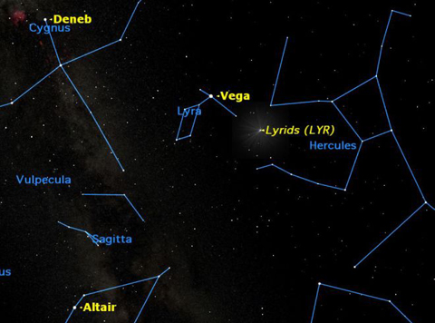 Chòm sao Lyra và trung tâm của trận mưa sao băng Lyrids. Đồ họa: Starry Night Software/Space.