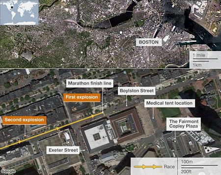 Bản đồ mô phỏng địa điểm xảy ra 2 vụ tấn công hôm 15/4.