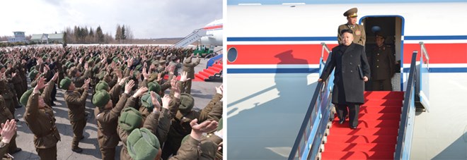 Ông Kim Jong-Un bước xuống từ thảm đỏ máy bay khi tới thăm doanh trại quân đội (Nguồn: Rodong Sinmun)