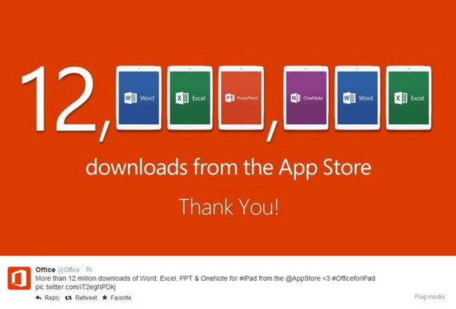Thông báo trên Twitter của Microsoft về số lượng lượt tải bộ ứng dụng Office for iPad. (Nguồn: Twitter)