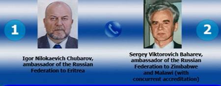 Hình ảnh Đại sứ Nga tại Eritrea, Igor Chubarov (trái) và Đại sứ Nga tại Zimbabwe và Malawi, Sergei Bakharev (phải) được gán vào đoạn ghi âm rò rỉ trên mạng dàn dựng cuộc tán gẫu của 2 ông về việc sáp nhập Scotland, Venice, Alaska sau Crimea của Nga. Ảnh RT.