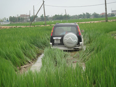 Chiếc xe ô tô rơi xuống ruộng sau khi gây tai nạn thương tâm