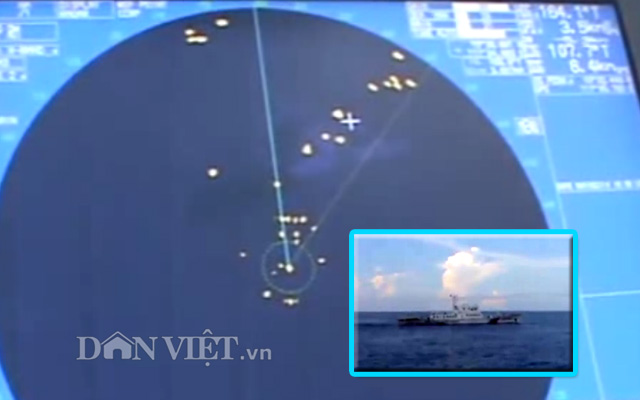 Số lượng tàu Trung Quốc xuất hiện tại vùng biển Việt Nam thời điểm xảy ra vụ đụng độ, tàu Trung Quốc cố tình đâm vào tàu cảnh sát biển Việt Nam tại vùng biển Việt Nam. Ảnh: Cắt từ Clip trên Thanh Niên.