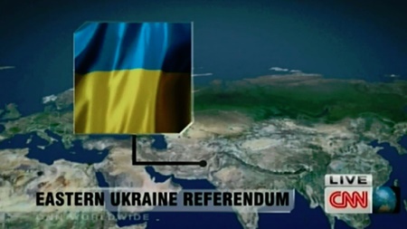 Mũi tên gắn cờ Ukraine trên màn hình chỉ sai vị trí của Đông Ukraine trên bản đồ.