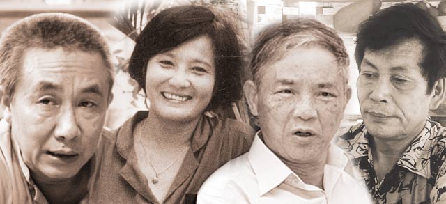   Từ trái qua phải: Nhà văn Nguyễn Quang Lập, nhà văn Dạ Ngân, nhà phê bình Vương Trí Nhàn, họa sĩ Đỗ Đức. 