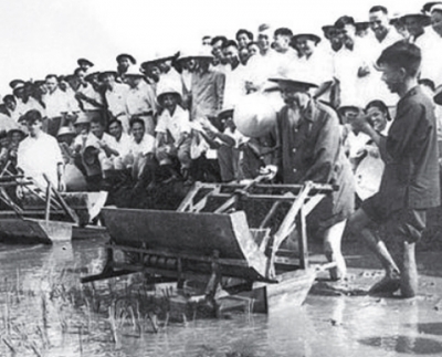 Bác Hồ dùng thử máy cấy tại trại thí nghiệm lúa thuộc Sở Nông lâm Hà Nội, năm 1960. Ảnh: TL