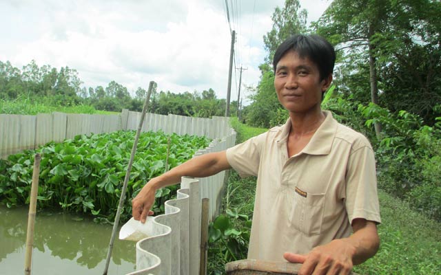 Anh Trần Văn Hoàng đang cho ba ba ăn.