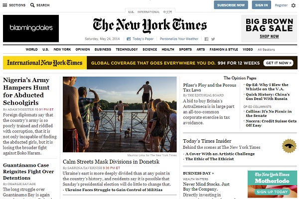 Trang chủ của tờ New York Times (Ảnh chụp màn hình ngày 24/5)
